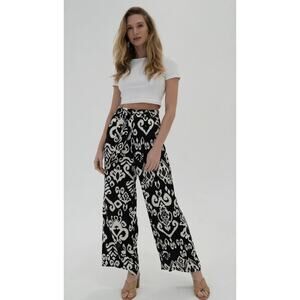 GOA Paris Collection Elastic Waistband‎ Wide Leg Printed Pants Blue Size Small